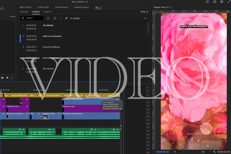 Showing Premiere Pro video editing and the word video