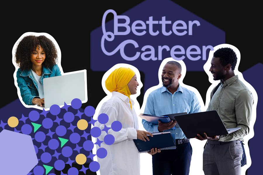 Better Career Brand Identity Refresh showing a group of black people discussing and laughing work matters as well as a woman on a laptop