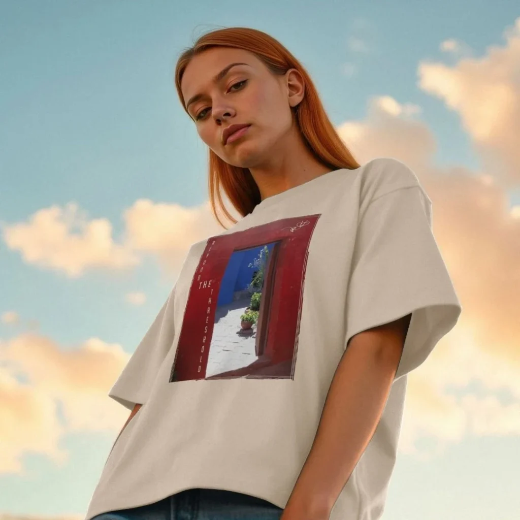 Women wearing a beige travel art print design by lumimango