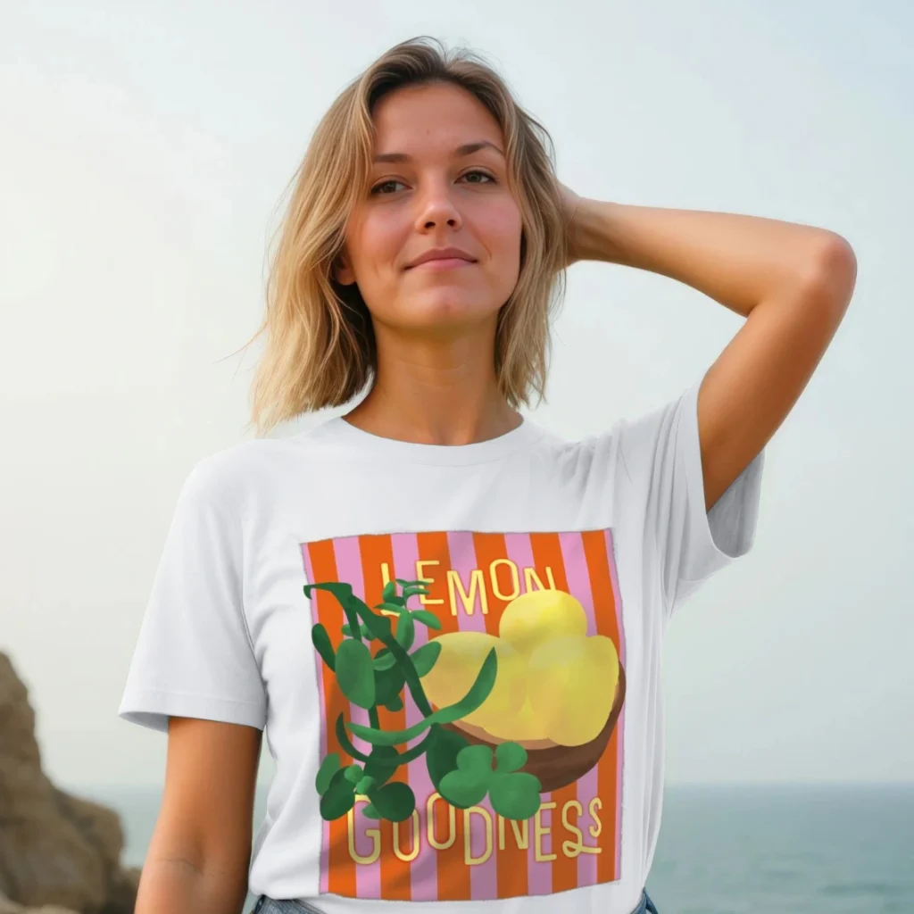 women with white t-shirt and an Italian inspired lemon pop print by Lumimango