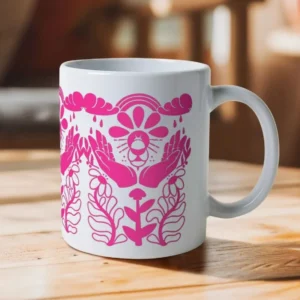 white ceramic mug with pink bee illustration designed by Lumimango
