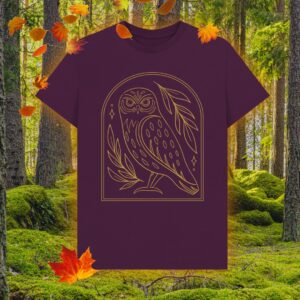 purple t-shirt with owl design on a forest background