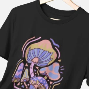 black organic t-shirt with a colourful mushroom print